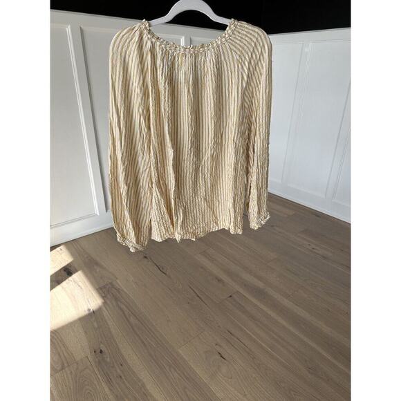 Max Studio Womens Tan and White Striped Loose Fit Keyhole Peasant Blouse Large - Picture 4 of 13